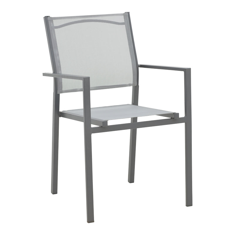 Модерна градинарска фотелја Yaris со цврста метална конструкција во антрацит боја и ергономски затегнато сиво дишливо текстилен платно