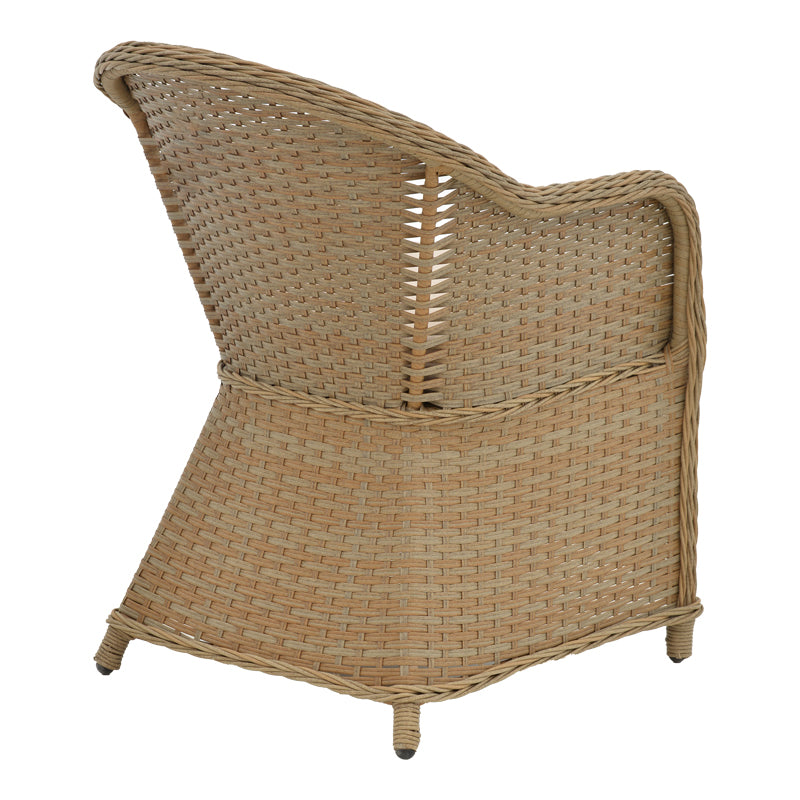Модерна луксузна градинарска фотелја Yaria со стабилна рамка од кафеав синтетички ратан, плетена структура и мека комфорна беж текстилен површина