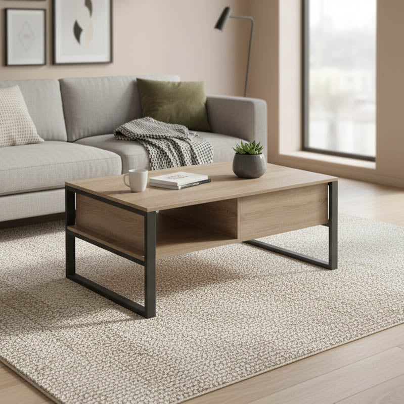 Модерна индустриска клуб маса за кафе Coffee Table Weldic со правоаголна плоча во текстура на топол сонома даб и засилена геометриска основа во длабок црн тон
