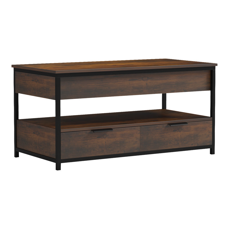 Индустриска и мултифункционална паметна клуб масичка Coffee Table Ultra со подигната горна плоча во рустично кафена боја врз стабилна црна метална рамка