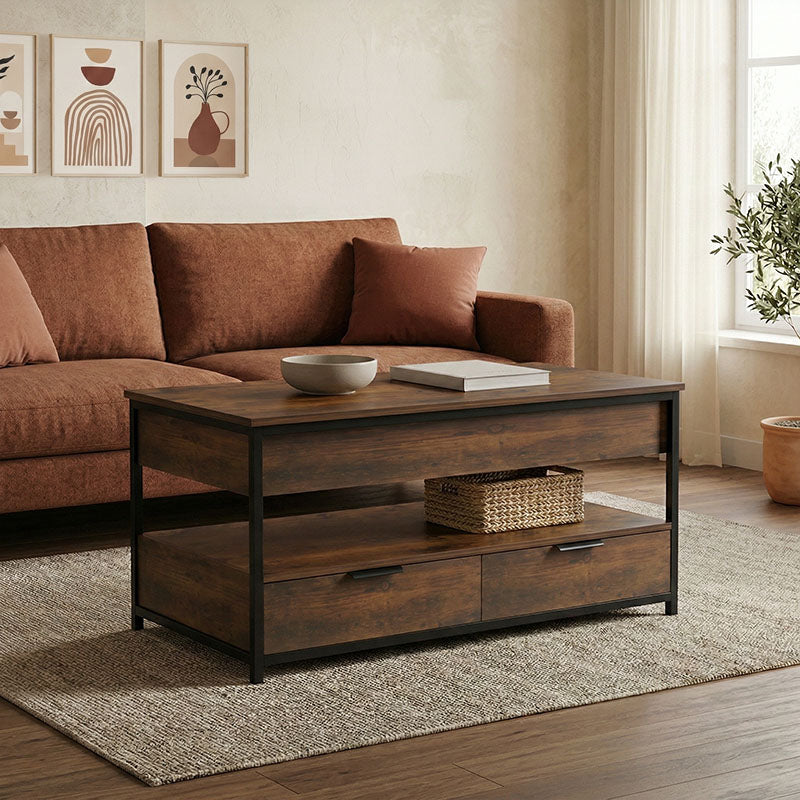 Индустриска и мултифункционална паметна клуб масичка Coffee Table Ultra со подигната горна плоча во рустично кафена боја врз стабилна црна метална рамка