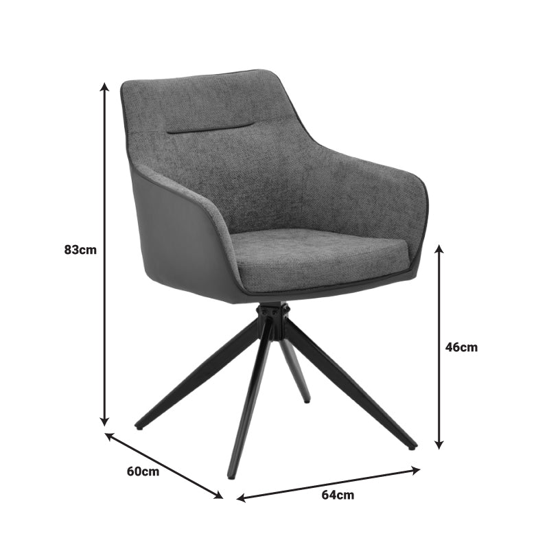 Луксузна и модерна лоунџ фотелја Armchair Xenax со ергономски наслон од сиво зајакнато платно, детали од PU кожа и црни мат метални ногарки
