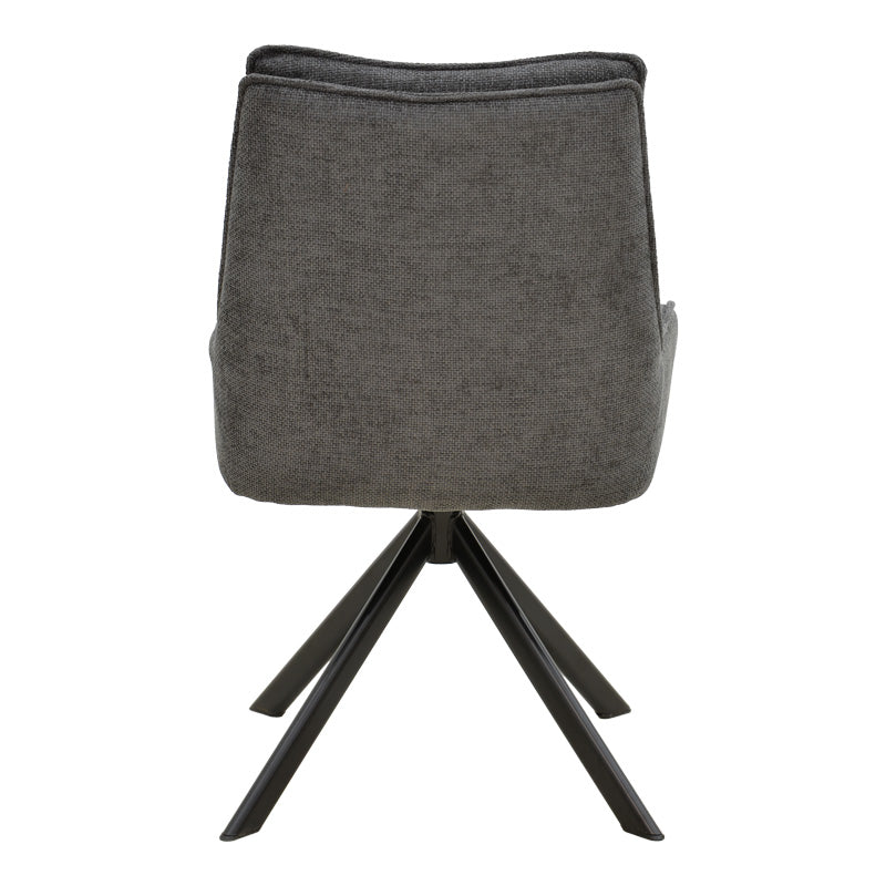 Луксузна и модерна лоунџ фотелја Armchair Xenda со ергономски наслон од темно сиво зајакнато платно и елегантни црни мат метални ногарки