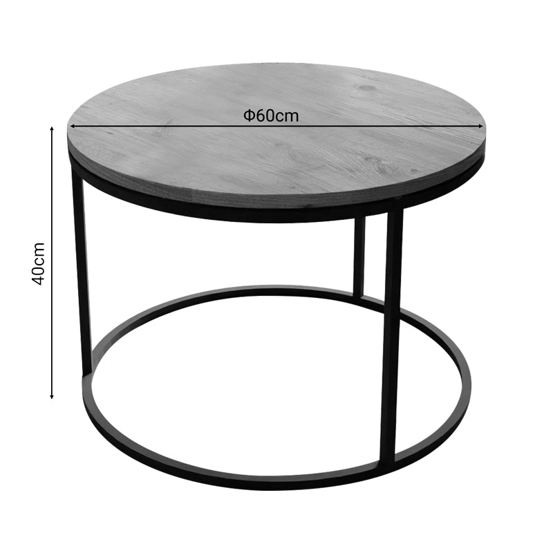 Модерна, естетска и уникатна тркалезна клуб маса Coffee table Laret со горна плоча во топол дрвен декор на даб и стабилна црна метална база