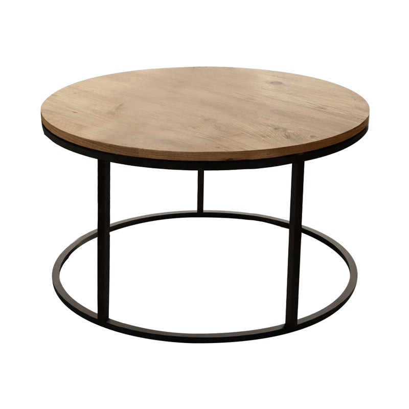 Модерна, естетска и уникатна тркалезна клуб маса Coffee table Laret со горна плоча во топол дрвен декор на даб и стабилна црна метална база