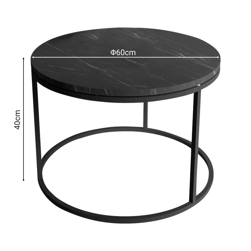 Модерна, естетска и уникатна тркалезна клуб маса Coffee table Larex со горна плоча во раскошен декор на црн мермер и стабилна црна метална база