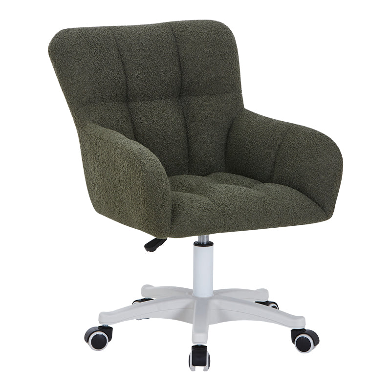 Модерна работна канцелариска столица Office Chair Vedaos тапацирана со луксузно маслинесто зелено букле со мека текстура, со засилена хромирана/црна база со тркалца