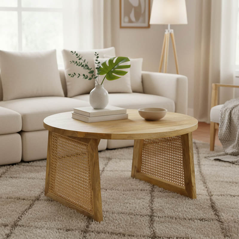 Модерна тркалезна клуб маса Coffee table Xenas со горна површина од масивно манго дрво и раскошна цилиндрична база од рачно ткаен природен ратан во натур нијанса