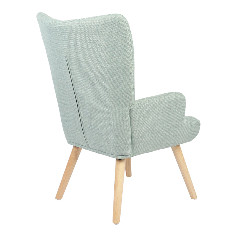 Модерна фотелја Auraas со висок наслон во минт зелена боја и дрвена база во природна нијанса