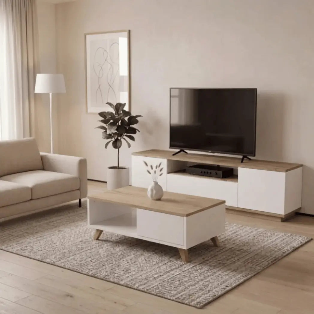 LIVING ROOM FURNITURE SET AURA+OLESA – WHITE/ ATLANTIC (TV CABINET + COFFEE TABLE)