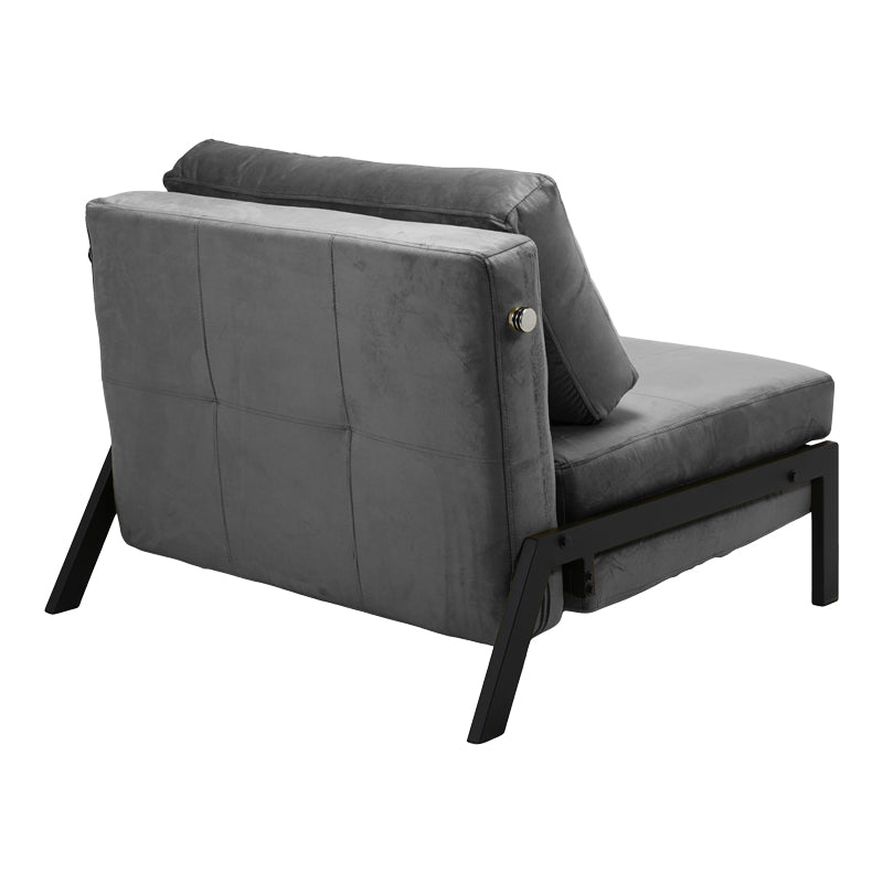 Модерна мултифункционална лоунџ фотелја-кревет Armchair-bed Xenoim тапацирана во софистицирано антрацит кадифе со цврсти црни метални ногарки во расклопена и склопена позиција
