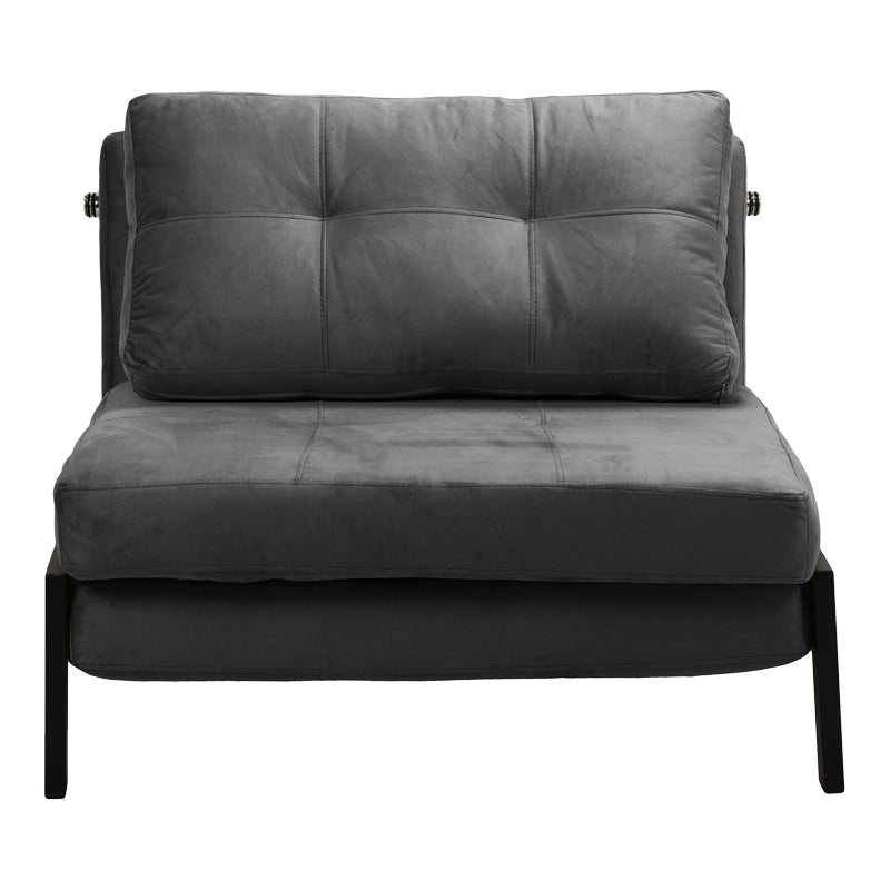 Модерна мултифункционална лоунџ фотелја-кревет Armchair-bed Xenoim тапацирана во софистицирано антрацит кадифе со цврсти црни метални ногарки во расклопена и склопена позиција