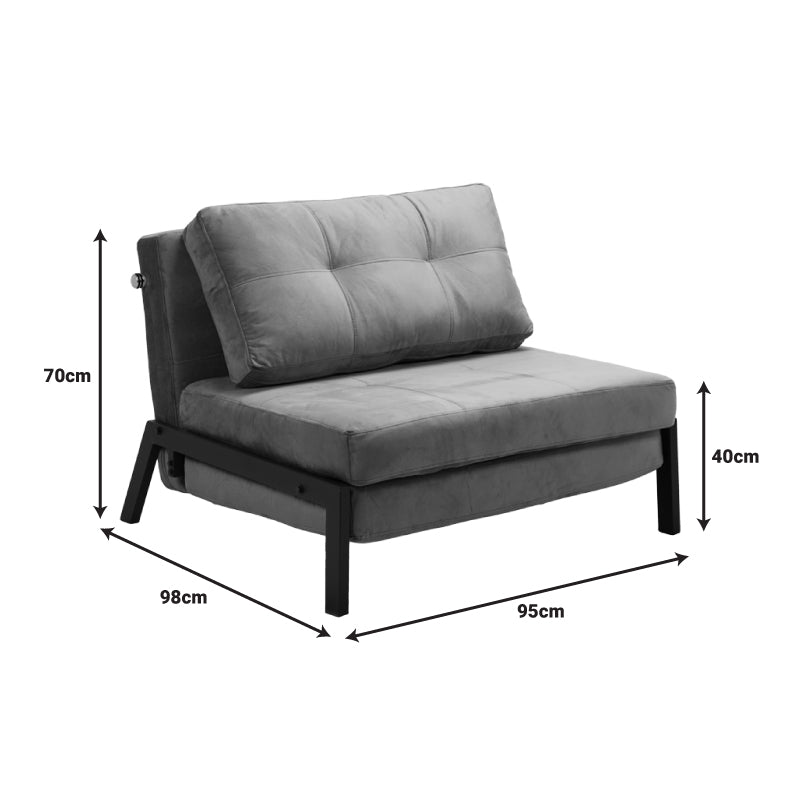 Модерна мултифункционална лоунџ фотелја-кревет Armchair-bed Xenoim тапацирана во софистицирано антрацит кадифе со цврсти црни метални ногарки во расклопена и склопена позиција