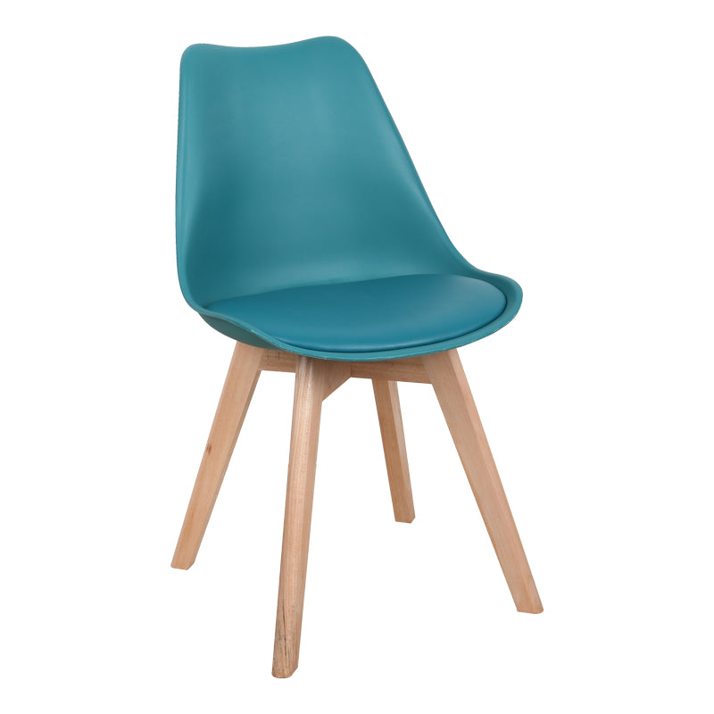 Модерна скандинавска трпезариска и лоунџ столица Chair Xenly во сина боја со меко PU кожно седиште и цврсти ногарки во природна боја на дрво