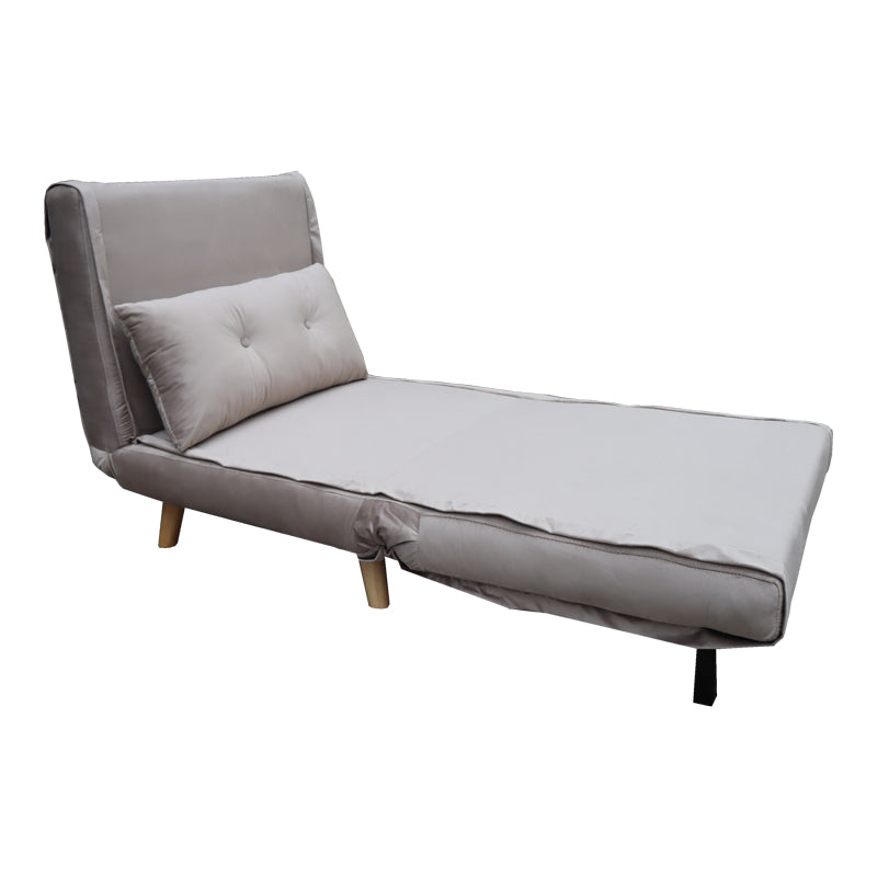 Модерна лоунџ фотелја на расклопување Armchair-bed Vedda тапацирана со мека, долговечна сиво-беж кадифена ткаенина, во позиција на фотелја и целосно расклопена како паметен кревет
