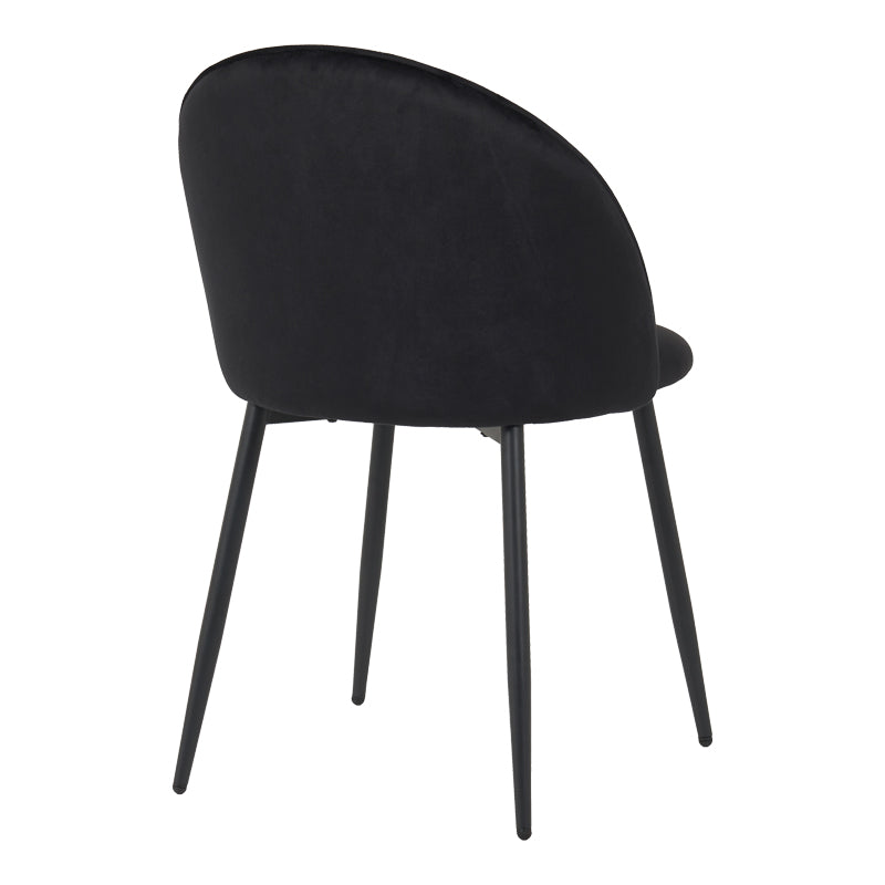 Модерна елегантна трпезариска столица Chair Walnut тапацирана со меко мат црно кадифе, со витки и засилени црни метални ногарки во минималистички стил