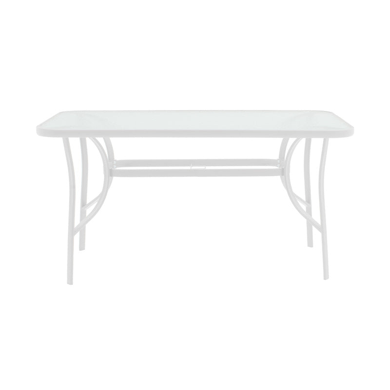 Елегантен трпезариски сет Beamas со бела стаклена маса и четири бели метални столици во минималистички стил