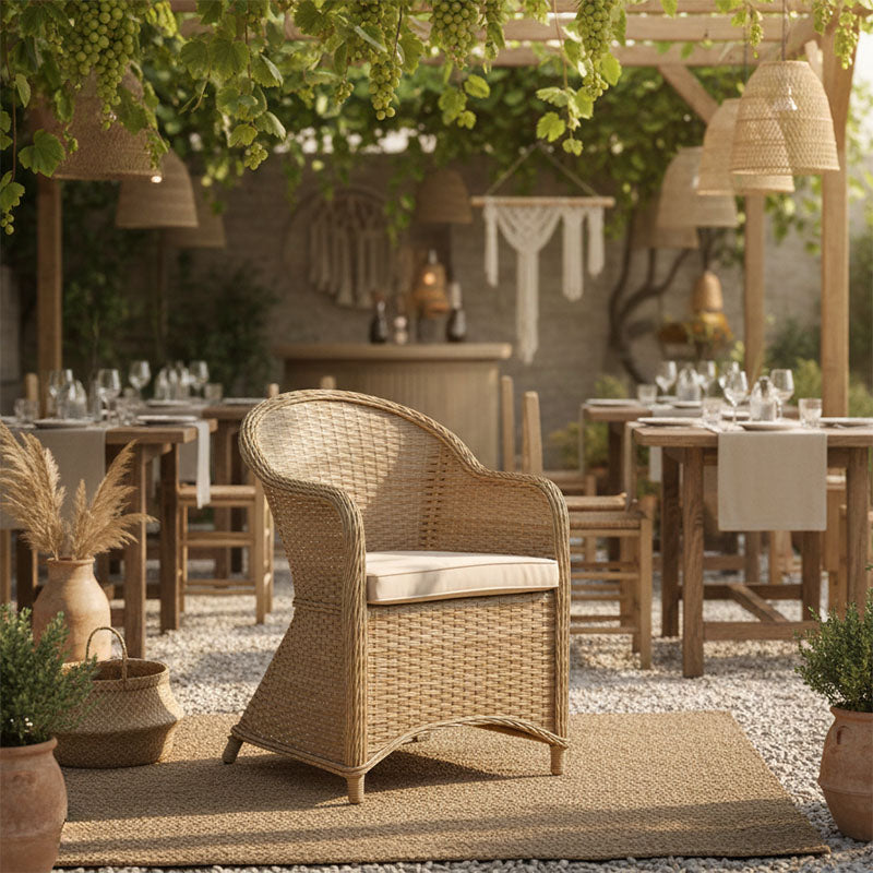 Модерна луксузна градинарска фотелја Yaria со стабилна рамка од кафеав синтетички ратан, плетена структура и мека комфорна беж текстилен површина