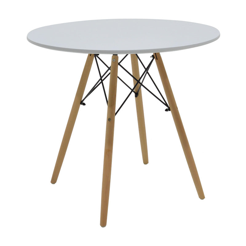 Модерен и компактен 5-делен трпезариски сет Dining Table Set Umberax кој вклучува тркалезна бела мат маса со натур дрвени ногарки и четири прилагодени темно сиви лоунџ столици