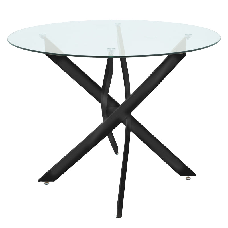 Модерен трпезариски сет Dining Room Set со тркалезна маса од транспарентно калено стакло со метална база и четири ергономски црни Vector лоунџ столови