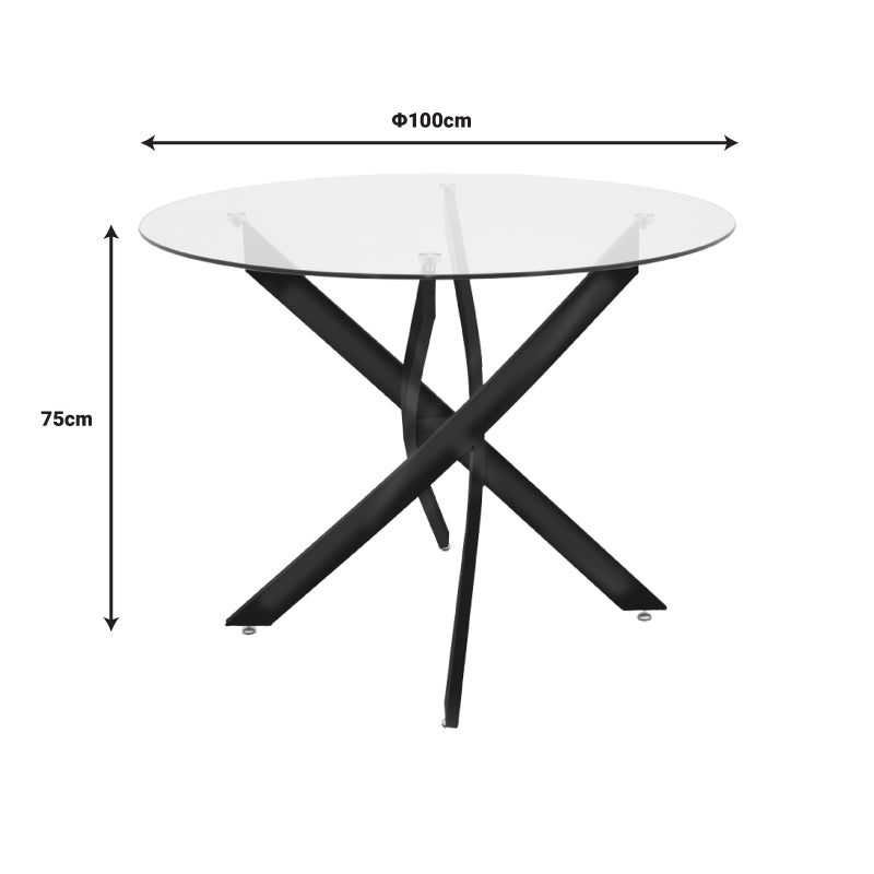 Модерен трпезариски сет Dining Room Set со тркалезна маса од транспарентно калено стакло со метална база и четири ергономски црни Vector лоунџ столови