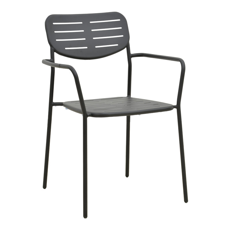 Елегантна црна метална фотелја Stackable Armchair Umberim со ергономски наслони за раце, чисти индустриски линии и функција за паметно редење една во друга