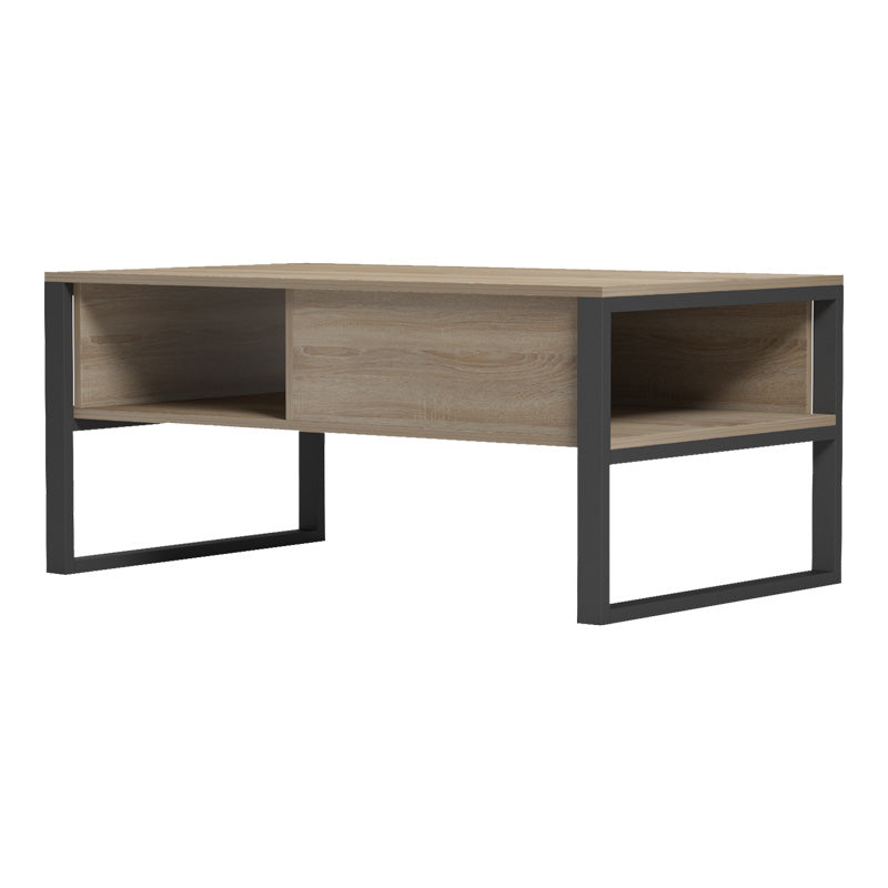 Модерна индустриска клуб маса за кафе Coffee Table Weldic со правоаголна плоча во текстура на топол сонома даб и засилена геометриска основа во длабок црн тон