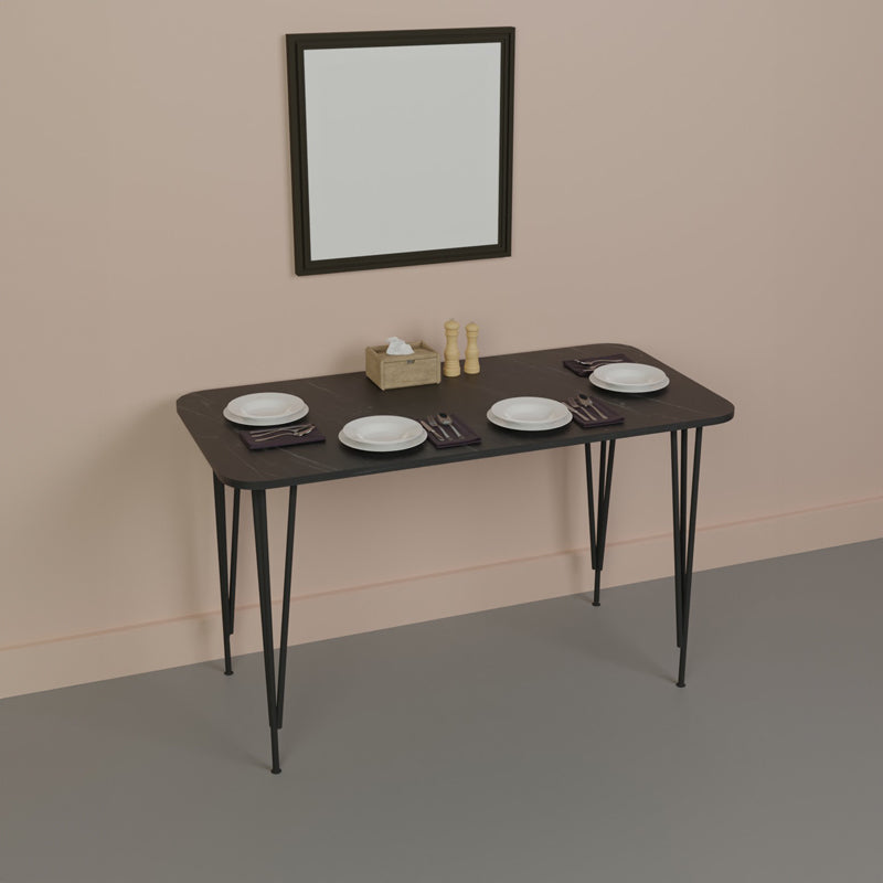 Модерна, естетска и уникатна правоаголна трпезариска маса Dining table Mainz со горна плоча во црн мермерен декор и стабилна црна метална база