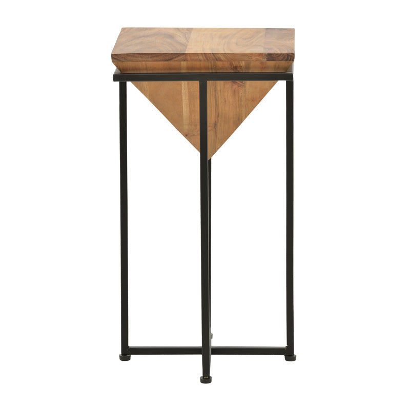 Модерна индустриска помошна масичка Side Table Wilic со квадратна плоча од масивно цврсто дрво акација во природна натур боја и цврсти метални ногарки во мат црн тон