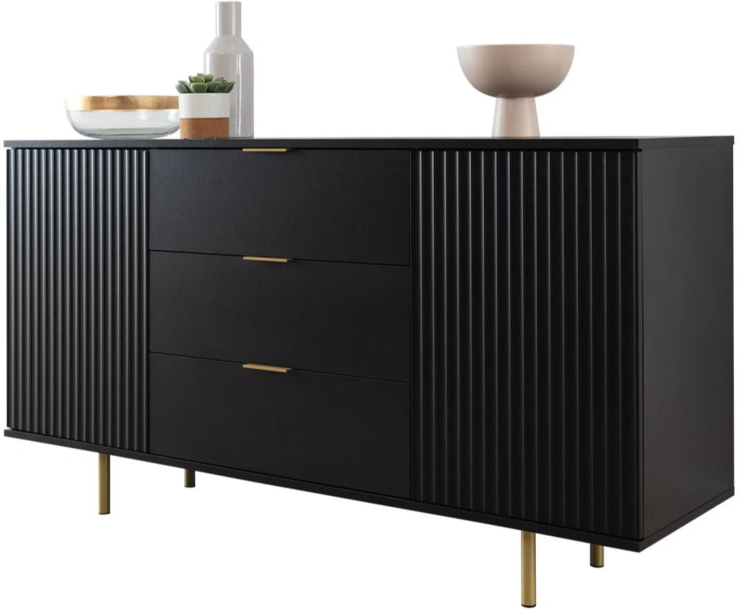 LUXURY SIDEBOARD ARIA WITH 3 DRAWERS &amp; 2 DOORS – MATTE BLACK – 150cm