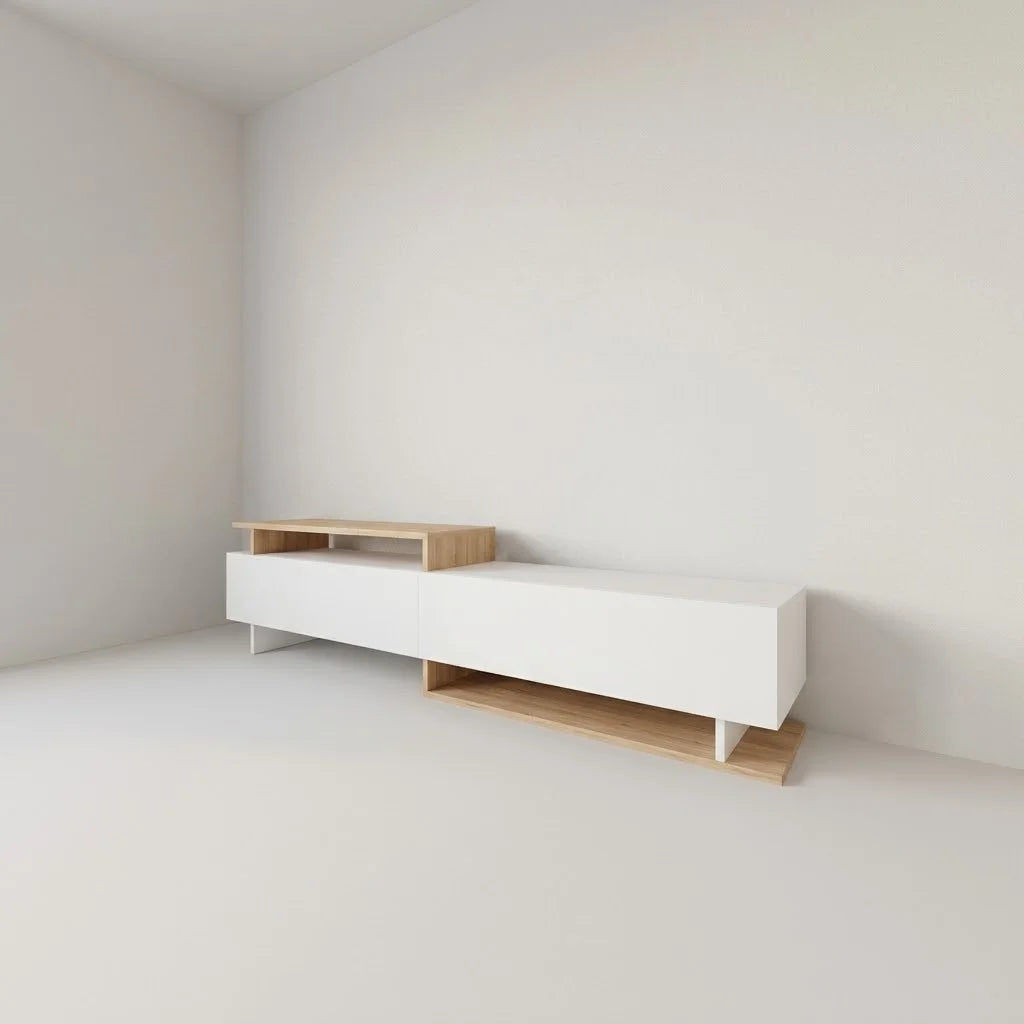 Modern TV Stand AMELI (White / Light Wood) – 160 cm