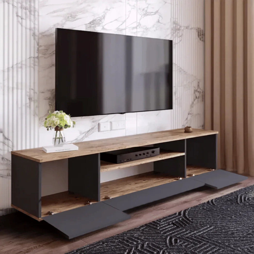 TV Комода аура во антрацит и дрвен атлантик декор со минималистички дизајн
